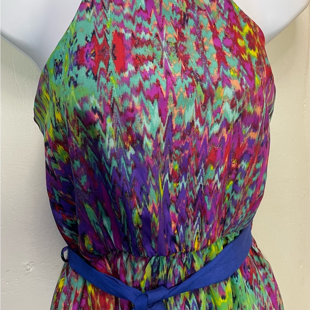 #0120 MOD On Trend colorful Lined X-Strap Sundress w/ Blue Accent Belt -S - Picture 2 of 6